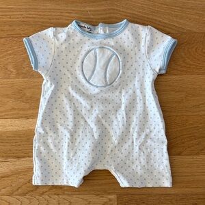 MAGNOLIA BABY | BLUE AND WHITE POLKA DOT ROMPER WITH BASEBALL